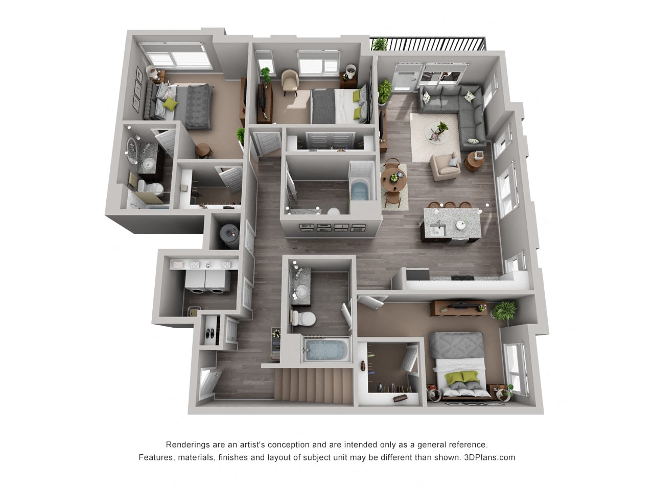 Floor plan for 3 beds, 3 baths, 1507 sqft